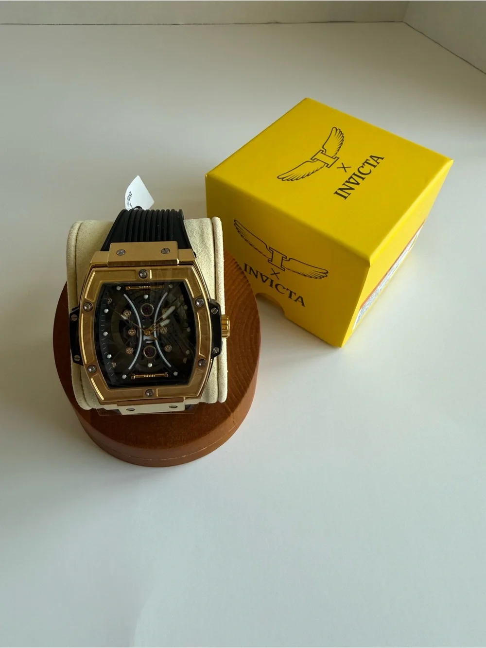 Invicta 69845 Gold Tone Skeleton Men’s Watch Black Strap Box